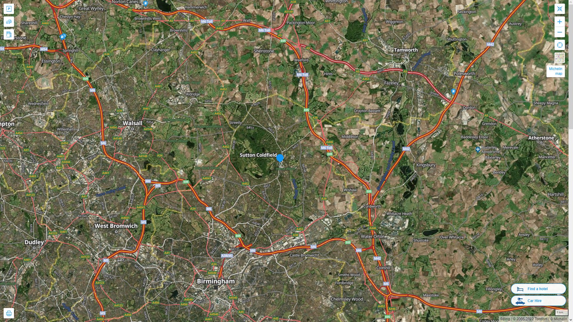 Sutton Coldfield Royaume Uni Autoroute et carte routiere avec vue satellite